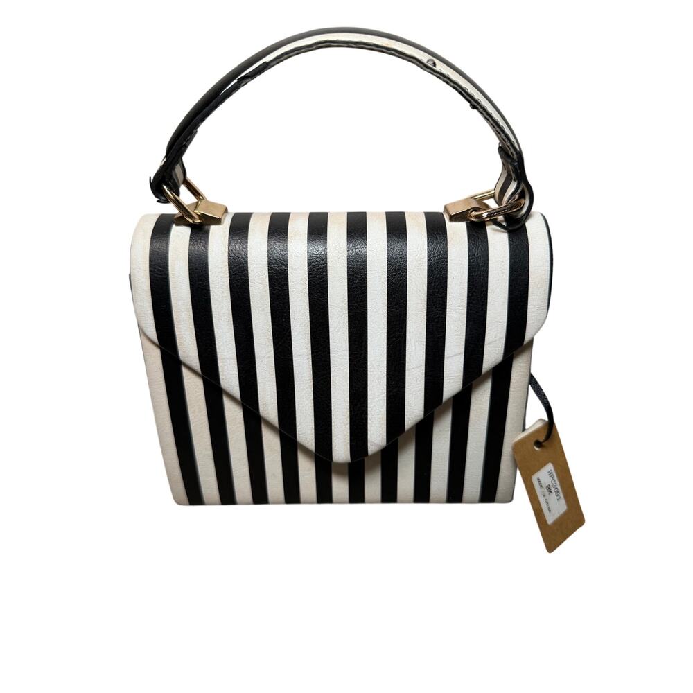 Black & Light Pink Striped Mini Top Handle Handbag Gold Tone Hardware